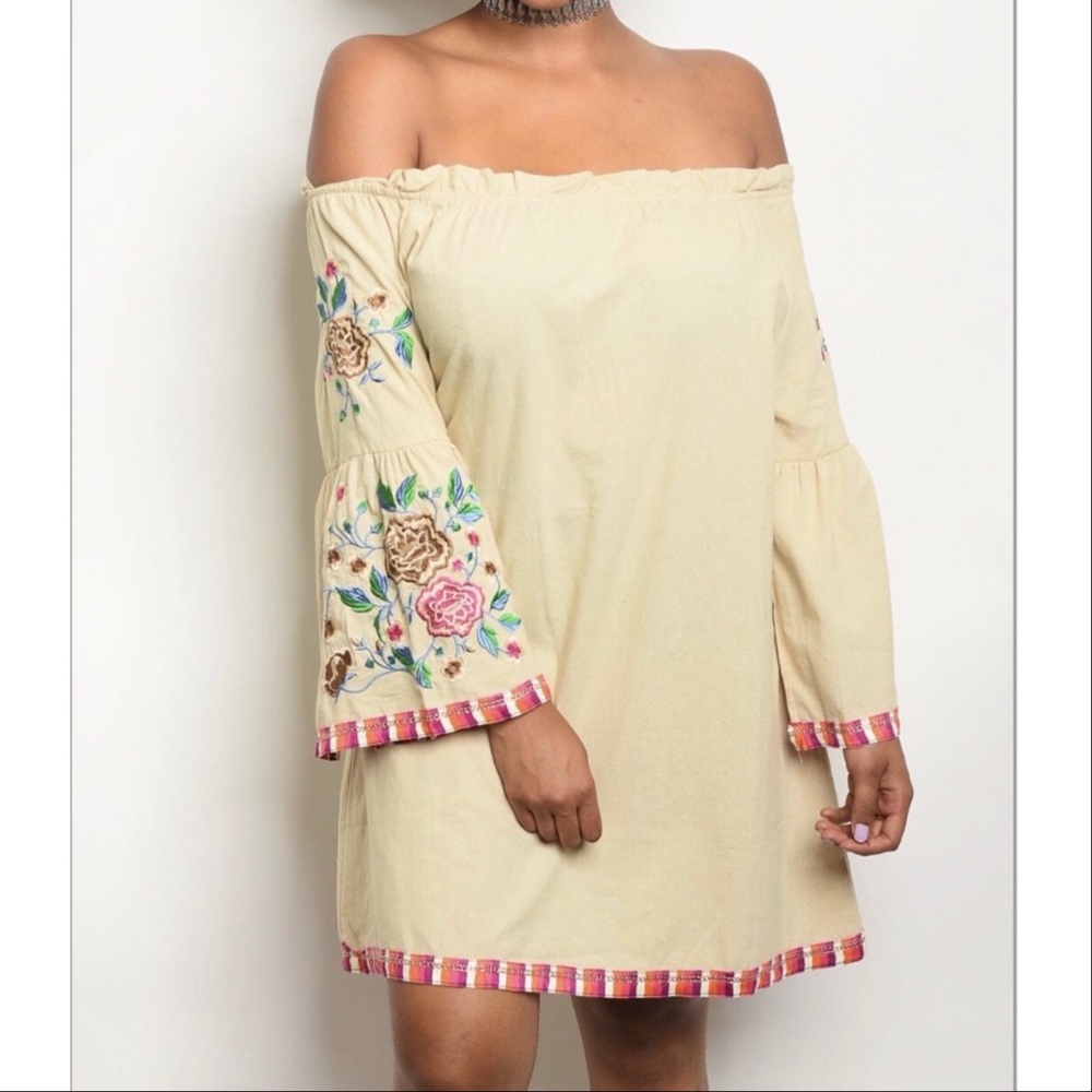 Beige with Flowers Embroidery Plus Size Dress